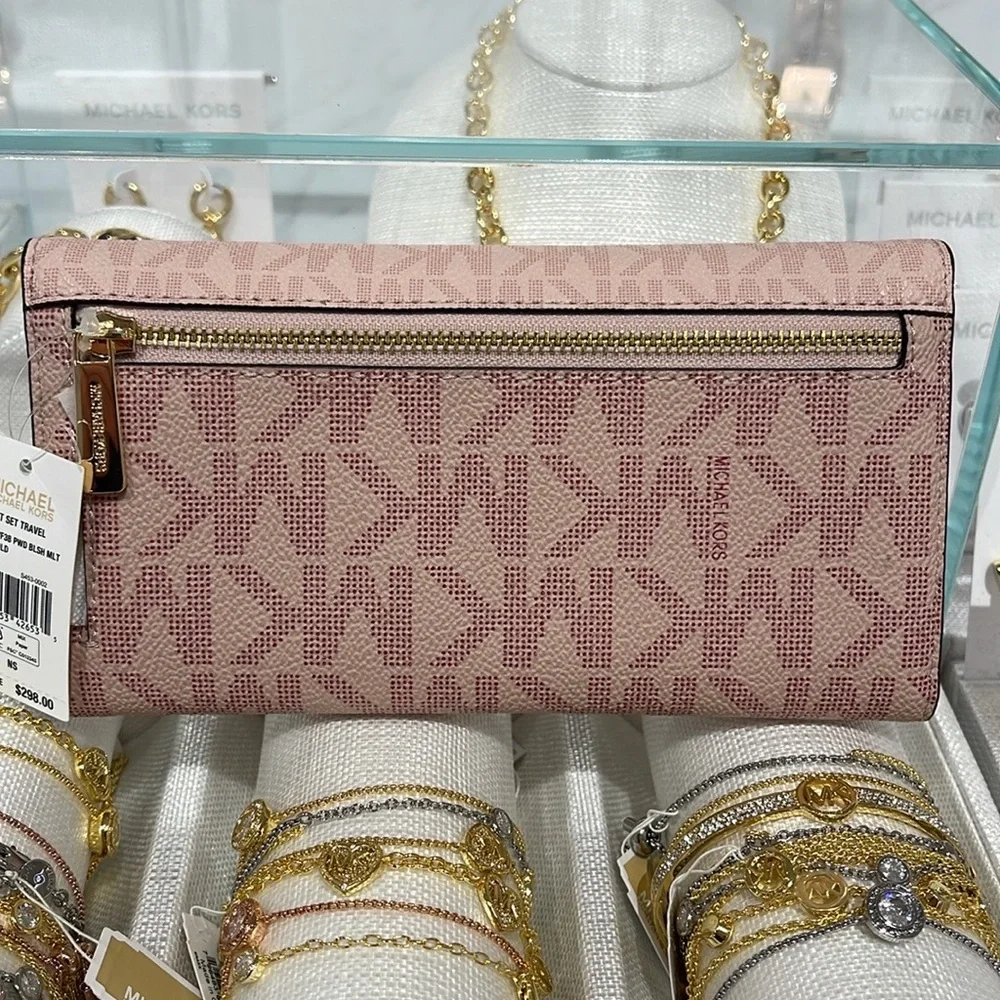 Michael Kors Jet Set Large Logo Trifold Wallet Powder Blush Multi NWT